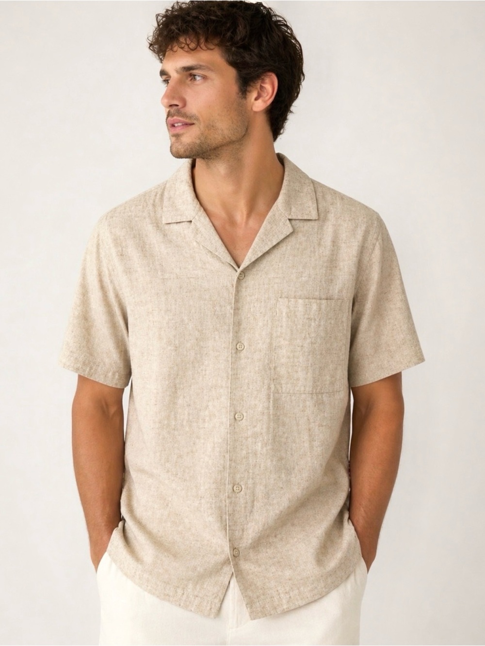 H & M Men’s Linen Blend Short Sleeve Beige Shirt Size Large NEW NWT